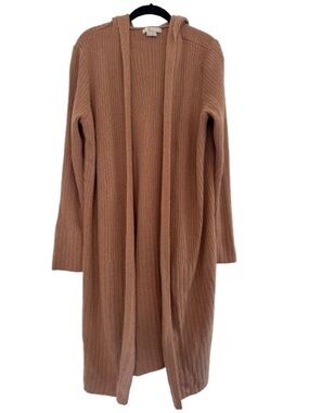 Boden Hooded Relaxed Long Cardigan Sweater Wool Cashmere Blend Ribbed Tan Camel
